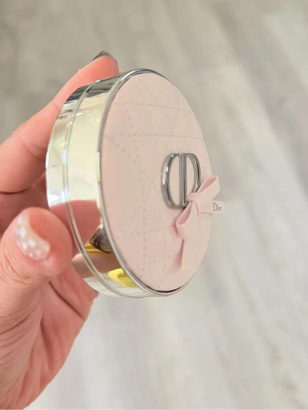 Dior Pale Pink Quilted Round Cosmetic Case with Bow and CD Logo